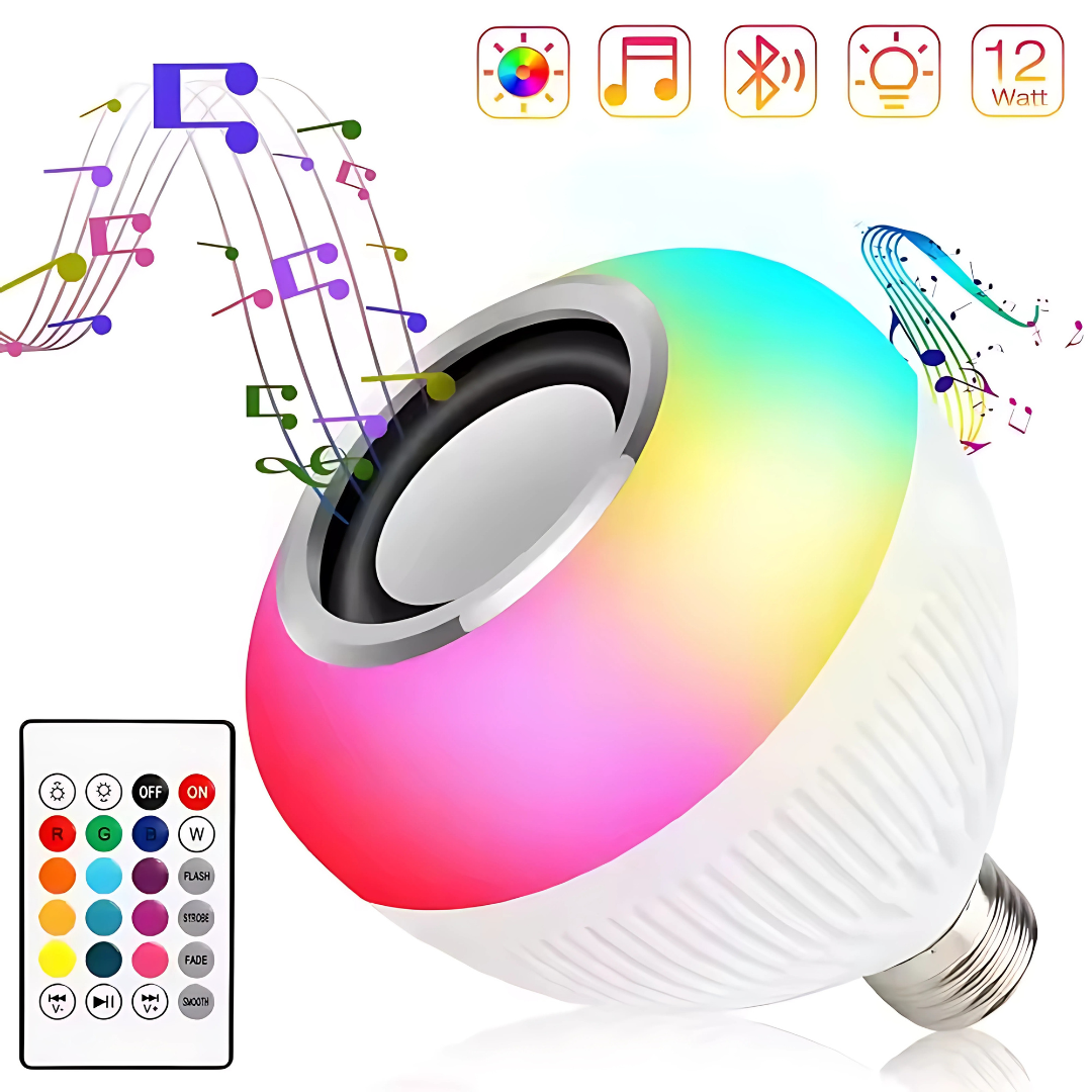 BOMBILLO DE LUZ LED EN MÚLTIPLES COLORES Y BOCINA BLUETOOTH INTEGRADA – Ambiente, sonido y estilo en una sola lámpara