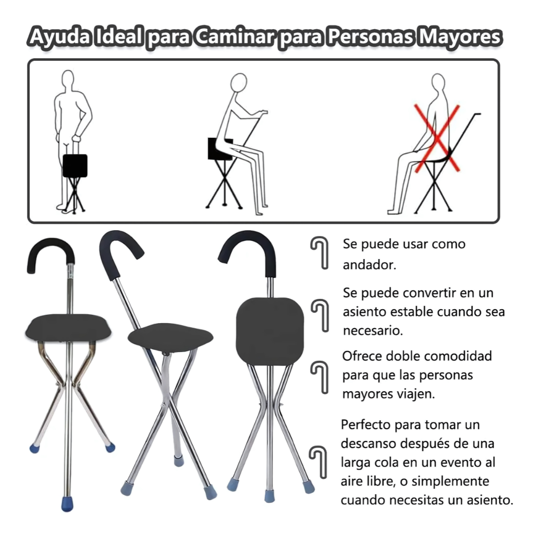 BASTÓN SILLA PLEGABLE 2 EN 1 – Soporte y descanso en un solo paso