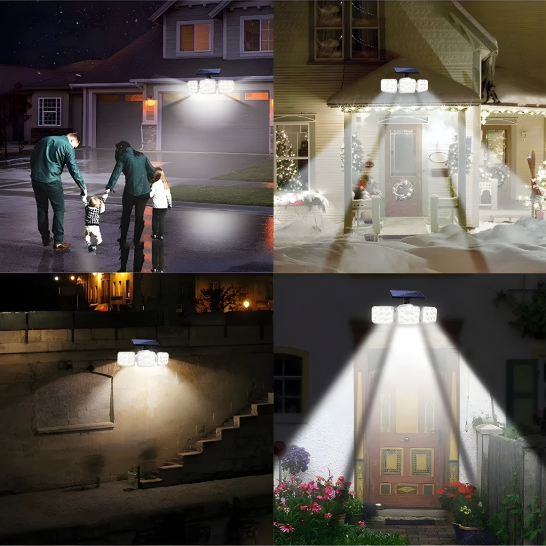 LÁMPARA SOLAR 3 FOCOS CON SENSOR – Iluminación potente, detección automática y ahorro energético total