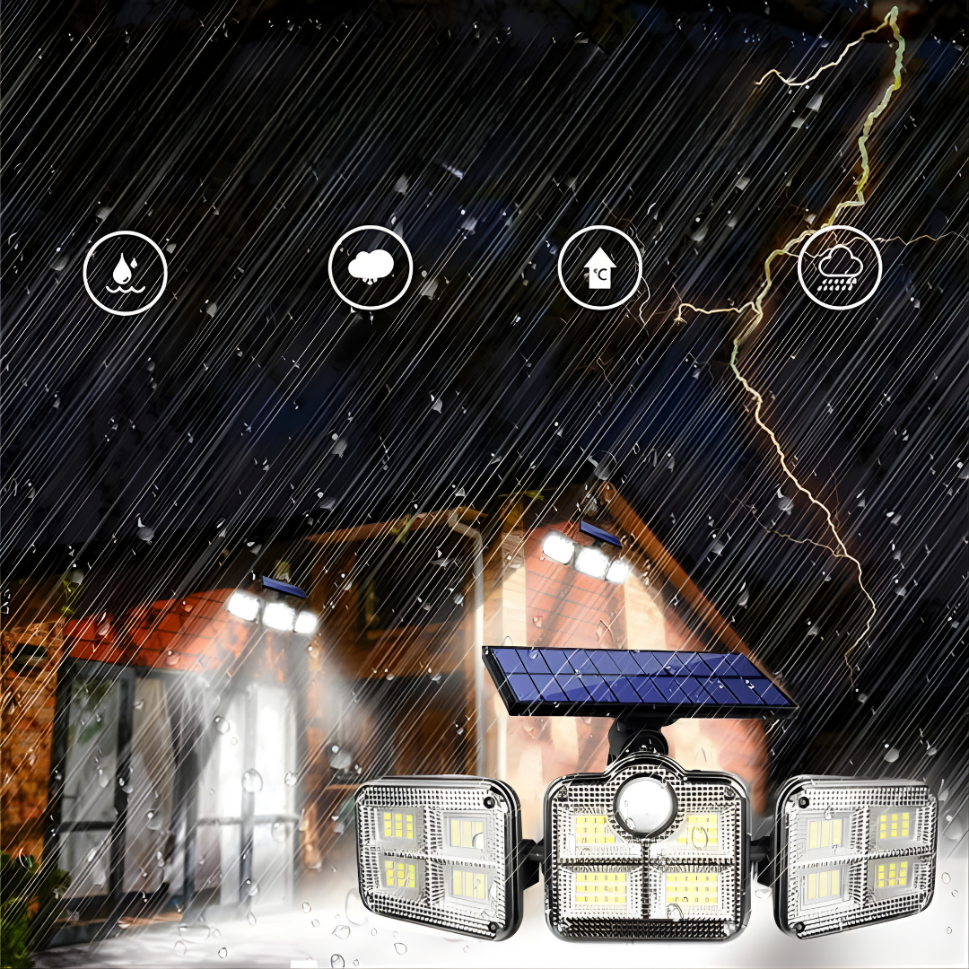 LÁMPARA SOLAR 3 FOCOS CON SENSOR – Iluminación potente, detección automática y ahorro energético total