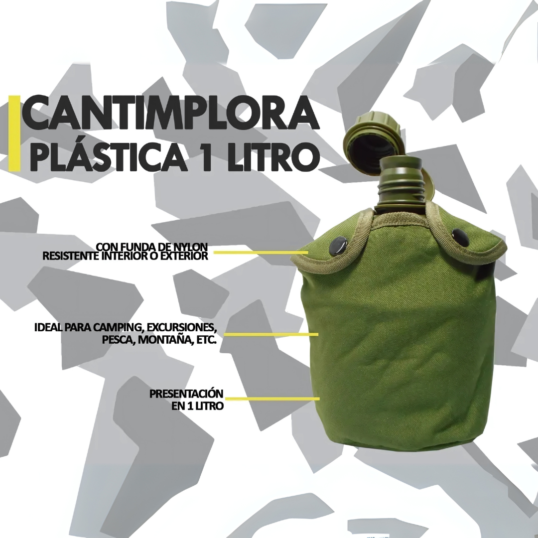 Cantimplora Militar - Diseñada para el campo: estructura militar, funda térmica y jarro metálico incluidos.