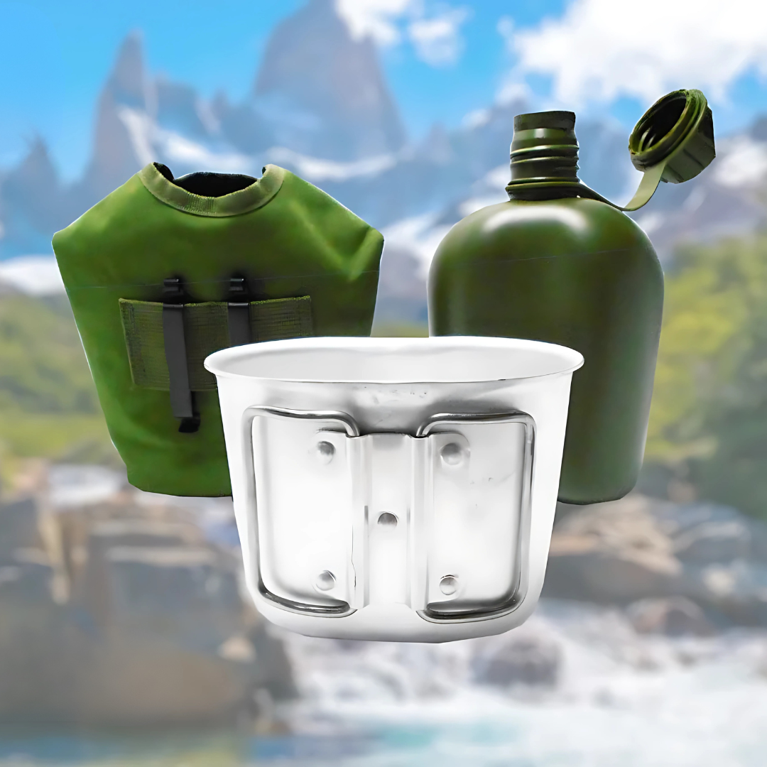Cantimplora Militar - Diseñada para el campo: estructura militar, funda térmica y jarro metálico incluidos.