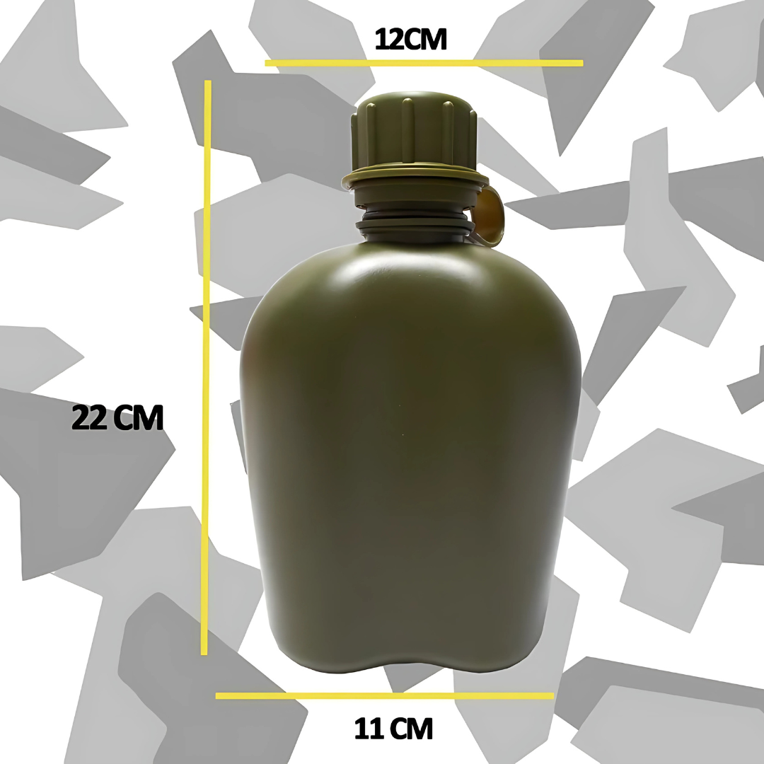 Cantimplora Militar - Diseñada para el campo: estructura militar, funda térmica y jarro metálico incluidos.
