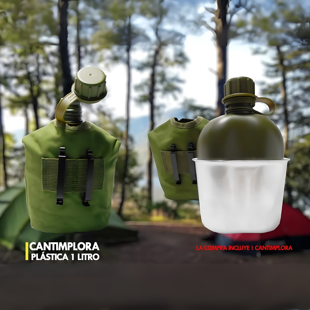 Cantimplora Militar - Diseñada para el campo: estructura militar, funda térmica y jarro metálico incluidos.