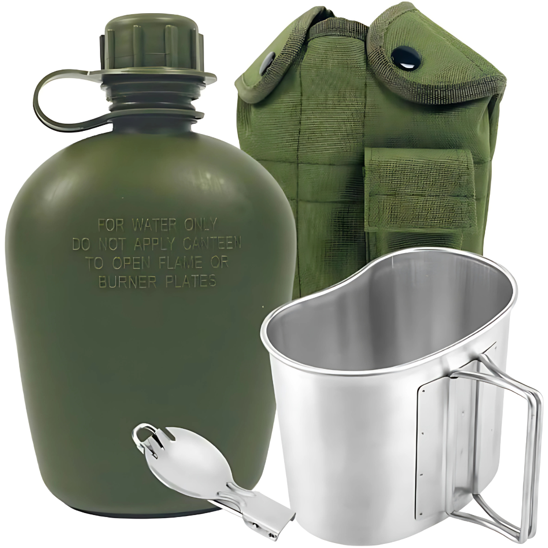 Cantimplora Militar - Diseñada para el campo: estructura militar, funda térmica y jarro metálico incluidos.