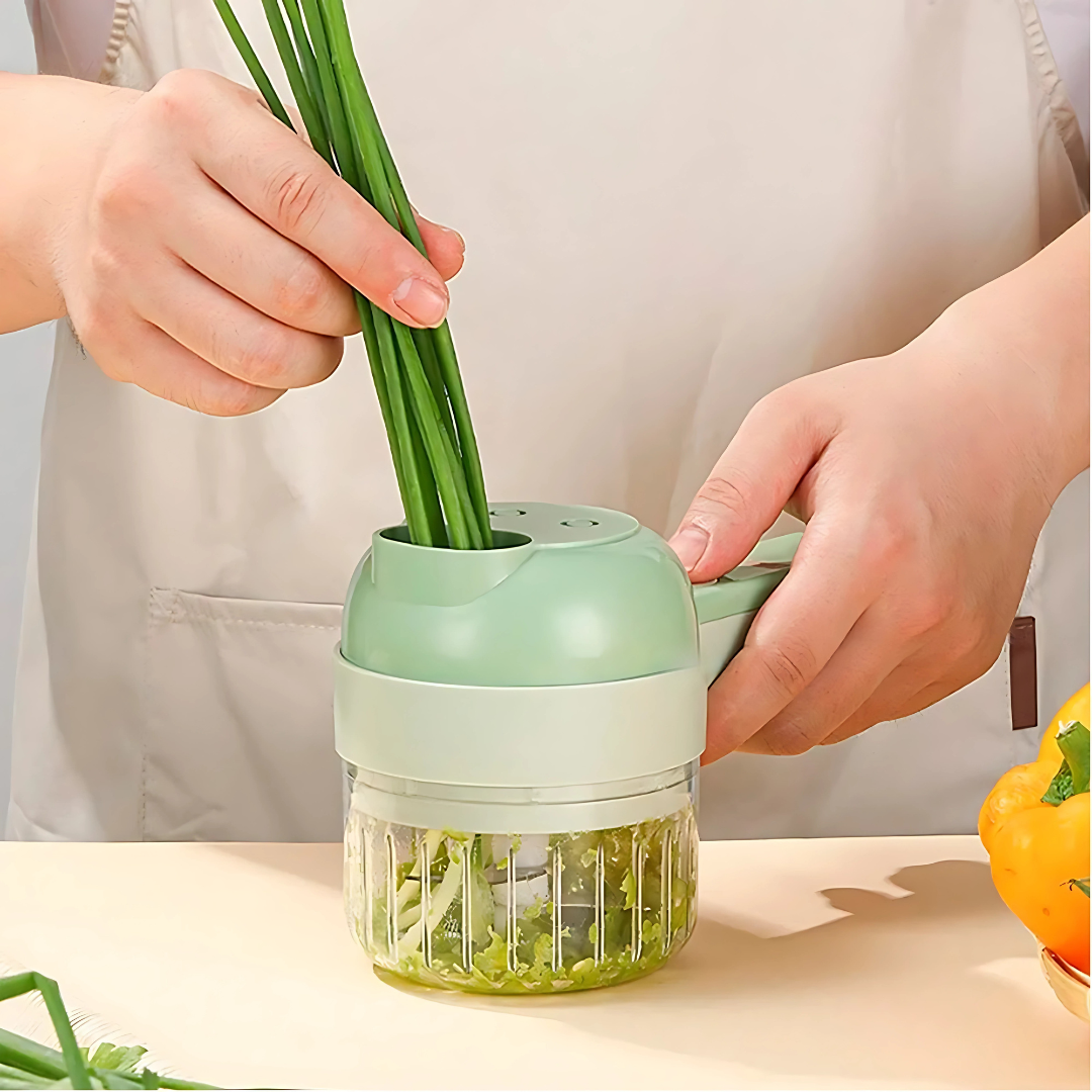 Cortador Eléctrico SlicePro™ 4 en 1 - Ahorra tiempo en la cocina: pica, ralla y tritura sin esfuerzo.